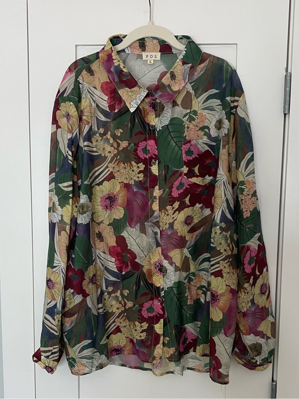 POL Floral Button-Up Shirt in Green, Burgundy, Mustard, Cream, Pink